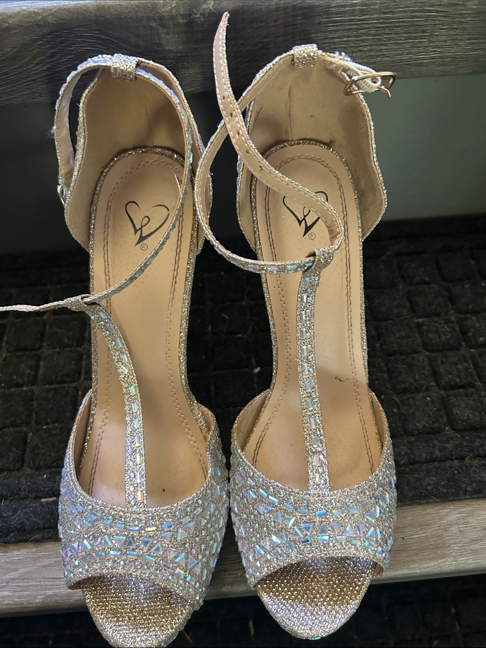 Dollhouse Iridescent Crystal T-Strap Platform Sandals - Silver